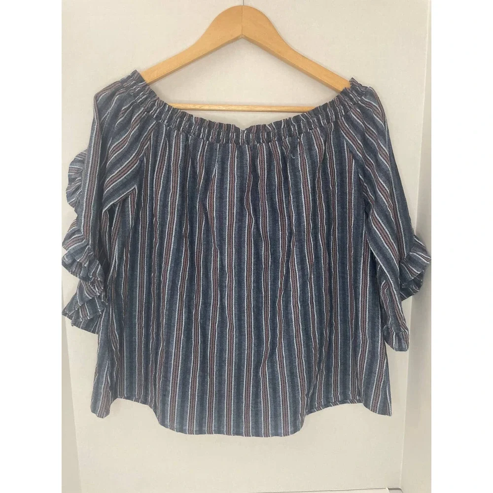 Hem & Thread Blanket Stripe Cold Shoulder Button Top Size Small - Picture 3 of 9